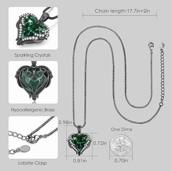 SmallRig Angel Wings & Heart Necklace with Birthstone  Black-05-May. Emerald Green Birthstone Angel Wings Love Heart Silver Necklace